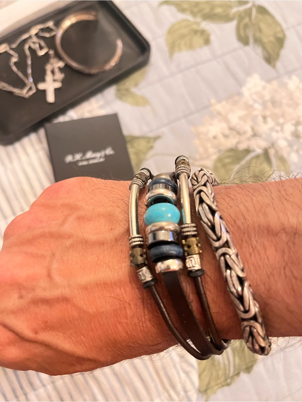 Handmade Turquoise & Blue Bead Leather Bracelet - unisex Jewelry 8.2 inch